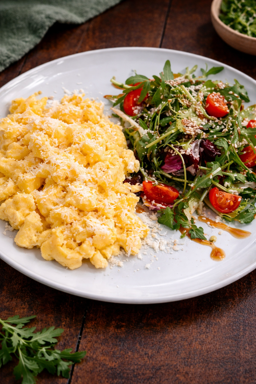 Скрэмбл с зеленью и пармезаном