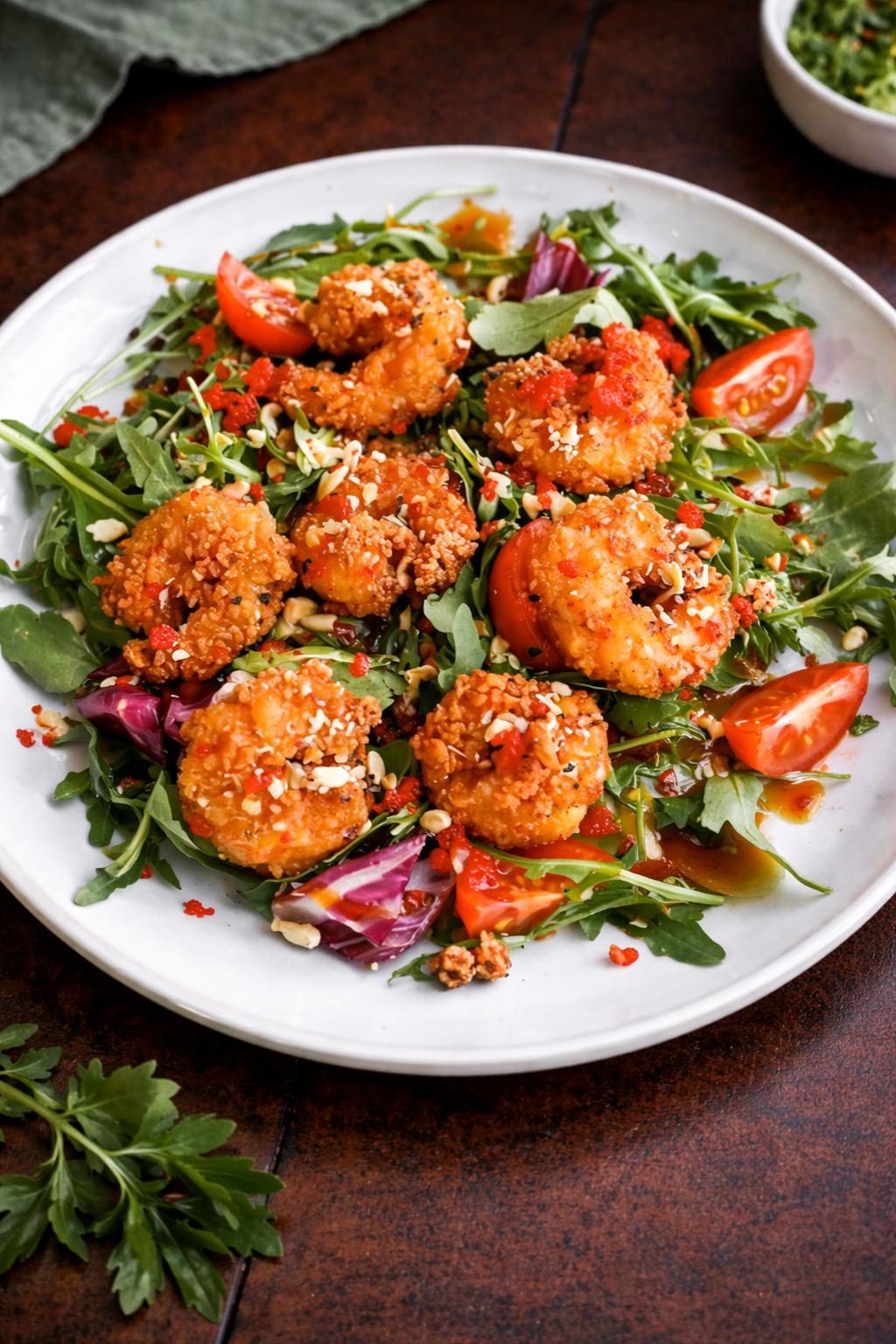 Креветки темпура на подушке из микс-салата с соусом от Шефа