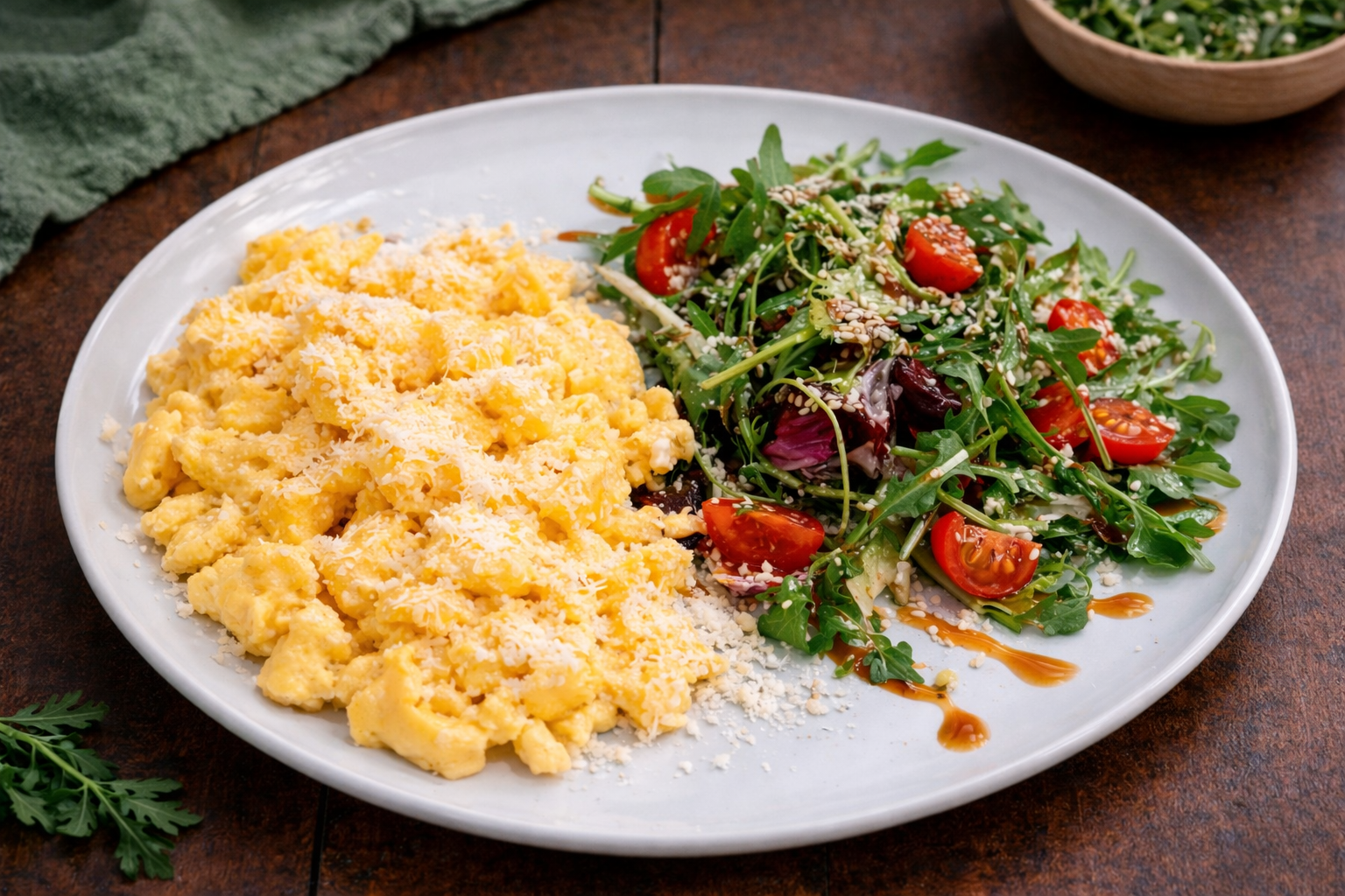 Скрэмбл с зеленью и пармезаном